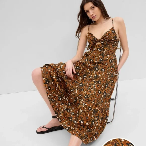 GAP | Dresses | Nwt Gap Tie Front Cutout Maxi Dress Brown Micro Floral  Batik Vibe Print Med | Poshmark